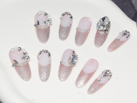 pink press on nails, rhinestone bling nails, hot pink french tip nails, pink cat eye nails