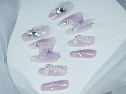 wedding press on nails, butterfly lace, pink and purple nail designs, summer coffin nails, monoschic nails