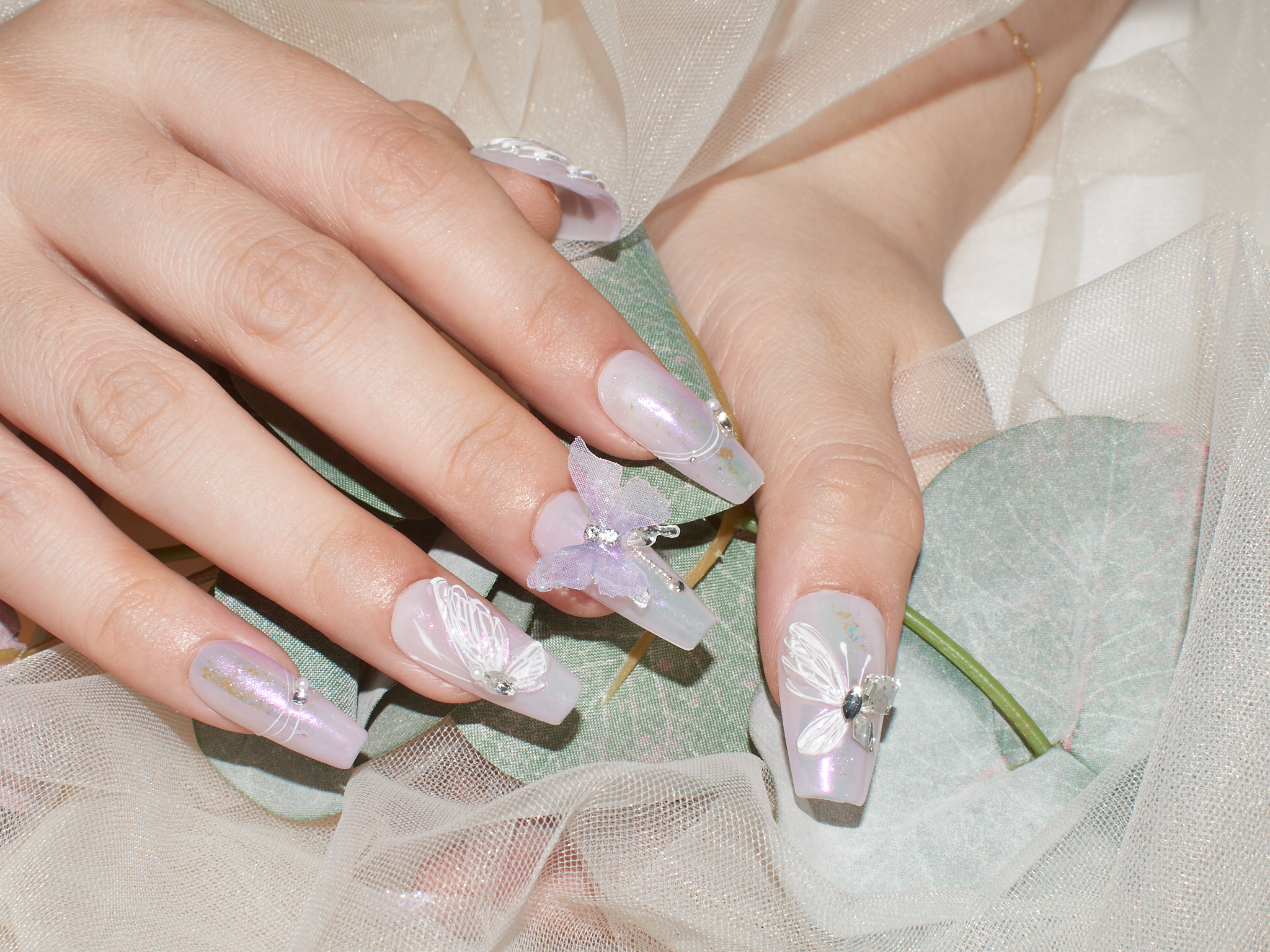 wedding press on nails, butterfly lace, pink and purple nail designs, summer coffin nails, monoschic nails