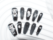 cat eye press on nails, black glitter nails, white teddy bear, coffin nail tips, monoschic nails