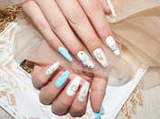 blue sky nail products, white powder nails, coffin nails, handmade press on nails, monoschic nails