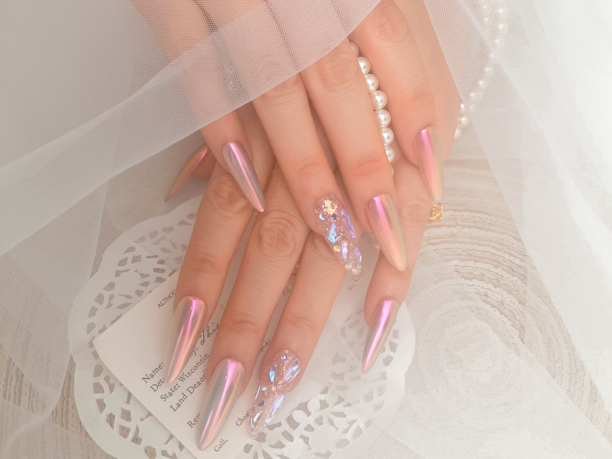 mirror nails, chrome nails mirror,  almond clear nails, handmade press on nails, monoschic nails